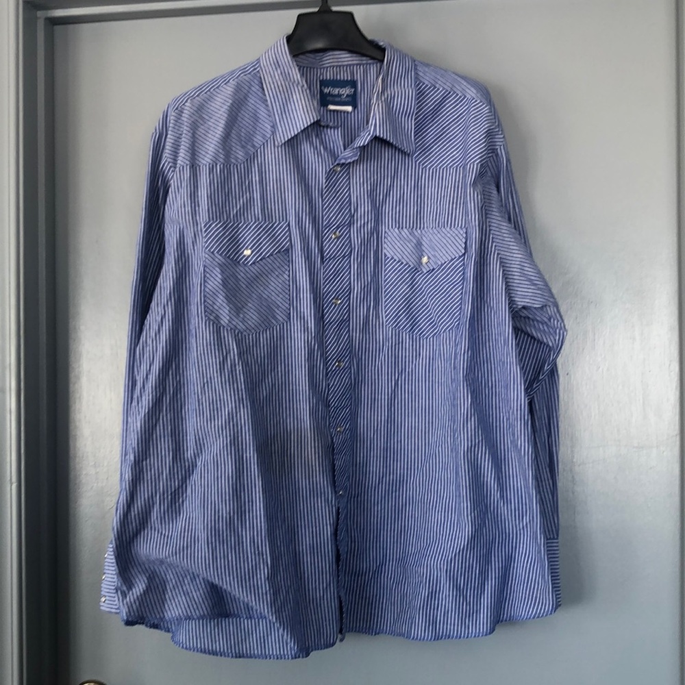 Wrangler Mens Button Up Long Sleeve Pearl Snap Western Shirt Sz XXL Blue Stripe